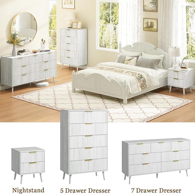 CARPETNAL Fluted 7 Drawer Dresser for Bedroom, 55" Wide Wooden Chest of Drawers with Rounded Corners, Gold Handles, Modern Storage Organizer for Bedroom, Hallway(White)