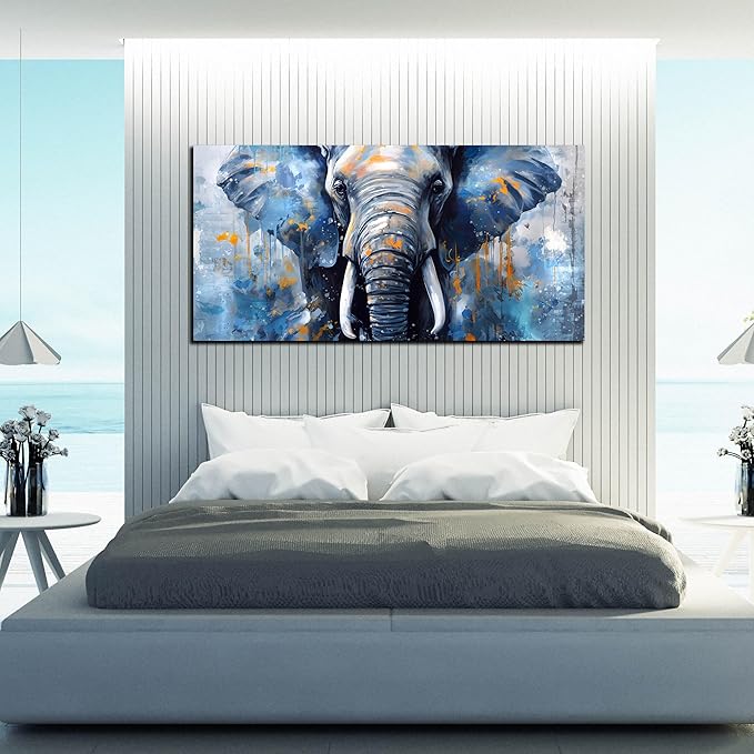 ENTANUB Elephant Wall Art for Bedroom, Animal Canvas Wall Art for Living Room, Blue Picture Print, Size 48x24 Inches