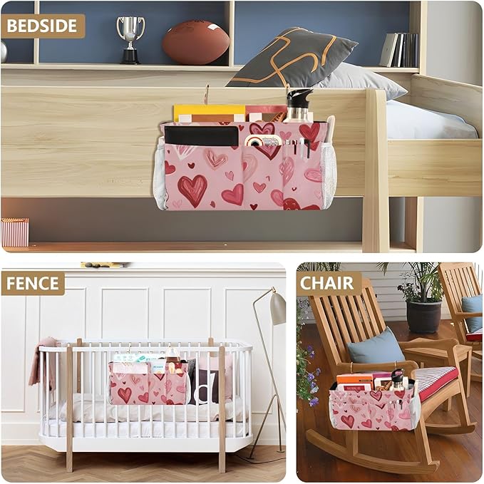 Bedside Caddy Hanging Bunk Bed Caddy Bed Organizer Hanging Pocket with 2 Hooks Bedside Storage Organizer Pocket Bag Holder Pink Cute Hearts