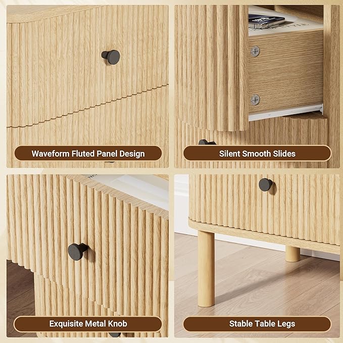 Night Stand Set of 2 with Charging Station, 18" Fluted Nightstand with Rounded Corners & Solid Wood Legs, 2 Drawers End Table, Mid Century Modern Bedside Table for Bedroom, Natural Oak