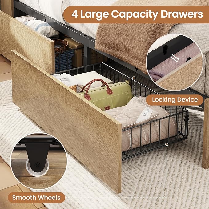 VIAGDO Rattan Bed Frame Twin Size with Bookcase Storage Headboard, Charging Station and LED Lights, Wooden Twin Bed Frames with 4 Drawers, Barn Door Design, No Box Spring Needed, No Noise, Natural