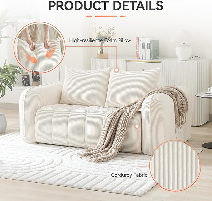 66'' Boneless Loveseat Sofa, 2 Seater Deep Seat Couch with Rounded Armrest, Upholstered Cloud Couch for Living Room, Bedroom, No Assembly, Corduroy White