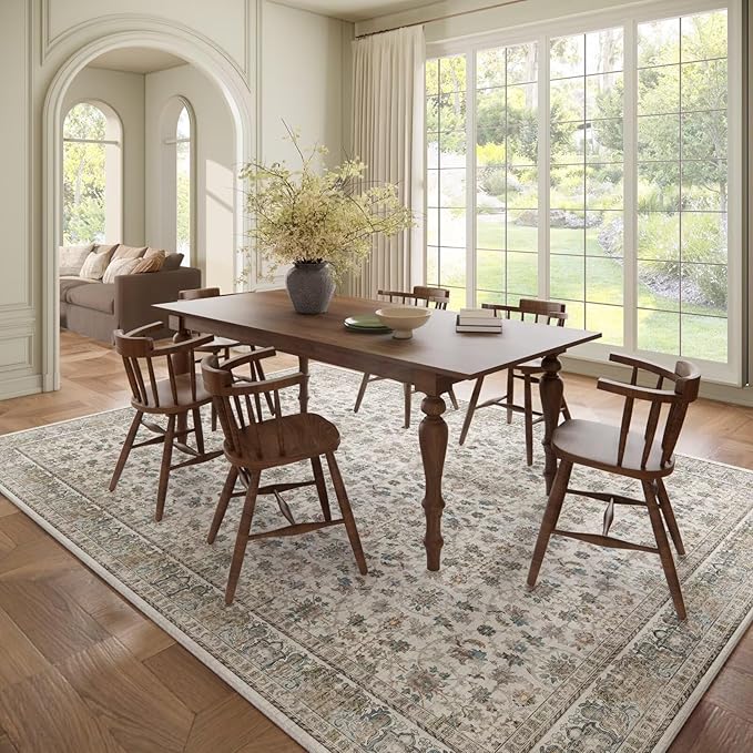 Washable 8x10 Area Rugs for Living Room, Boho Non-Slip Vintage Distress Large Rugs for Bedroom Dining Room Nursery Office, 0.3" Neutral Oriental Throw Thin Carpet, Cream/Blue/Orange/Multi