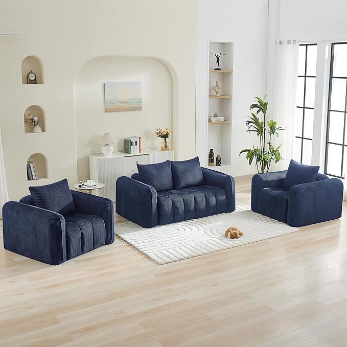 Corduroy Boneless Living Room Sets, Modern Upholstered Loveseat with 2 Signle Sofa Chairs, Comfy Deep Seat Cloud Sofa Couch Sets for Living Room, Navy