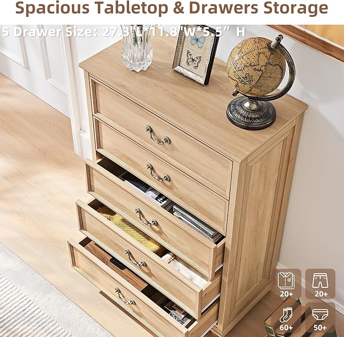 24" Wide Farmhouse Nightstand with Charging Station Set of 2, 45" Tall Rustic Chests of 5 Drawers w/ 4 Solid Wood Feet, Farmhouse Furniture Series for Living Room,Bedroom,Wood