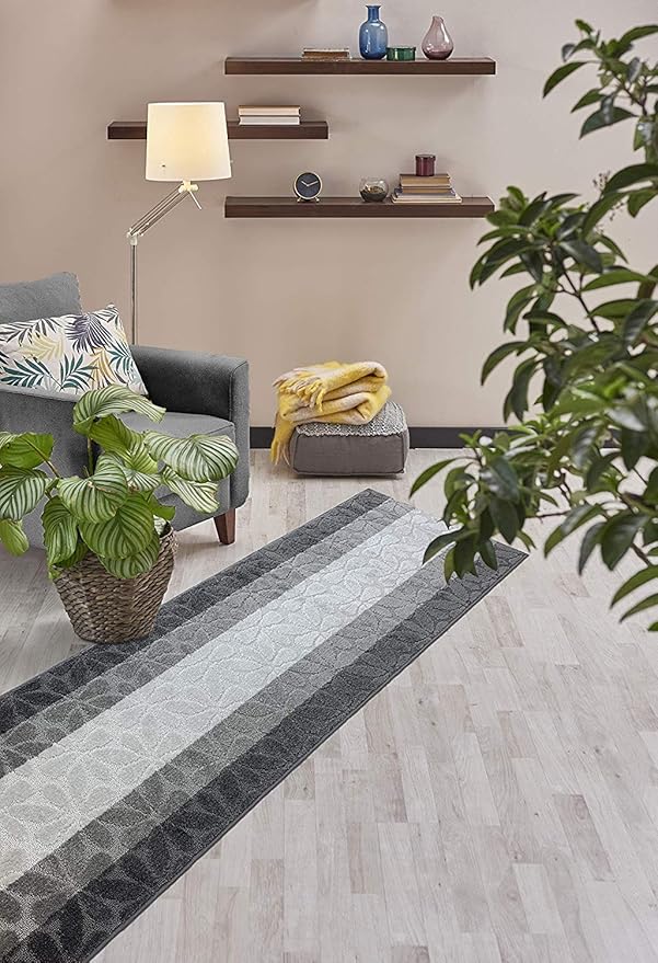 Custom Length Hallway Runner Rug,Slip Resistant,Flower Grey, 26 Inch X 35 feet, Sold and Priced Per Foot