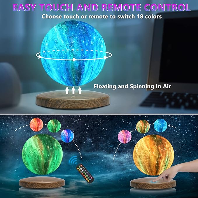 Levitating Moon Lamp, 18 Colors Galaxy Lamp with Touch Remote Control, Floating and Spinning in Air Freely, for Room Office Decor Creative Gift