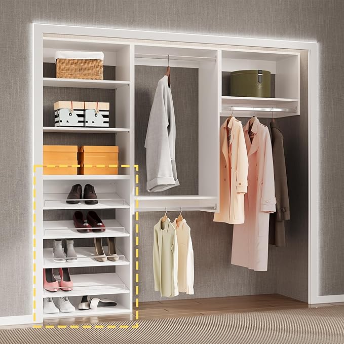 Shoe Shelf Short Tower Closet Unit, Modular Closet System, Wood Closet System Organizer with Storage for Walk In Closets, Clothing Rack for Hanging Clothes, Bedroom, White, 19.5"W