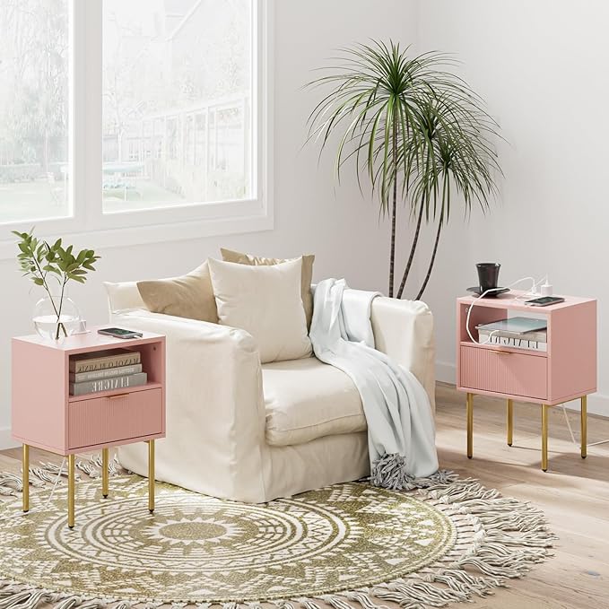 Masupu Nightstand with Charging Station,Mid-Century Modern Bedside Table with Storage Drawer and Open Wood Shelf,Small Gold Frame Side Table for Bedroom,Living Room (Pink)