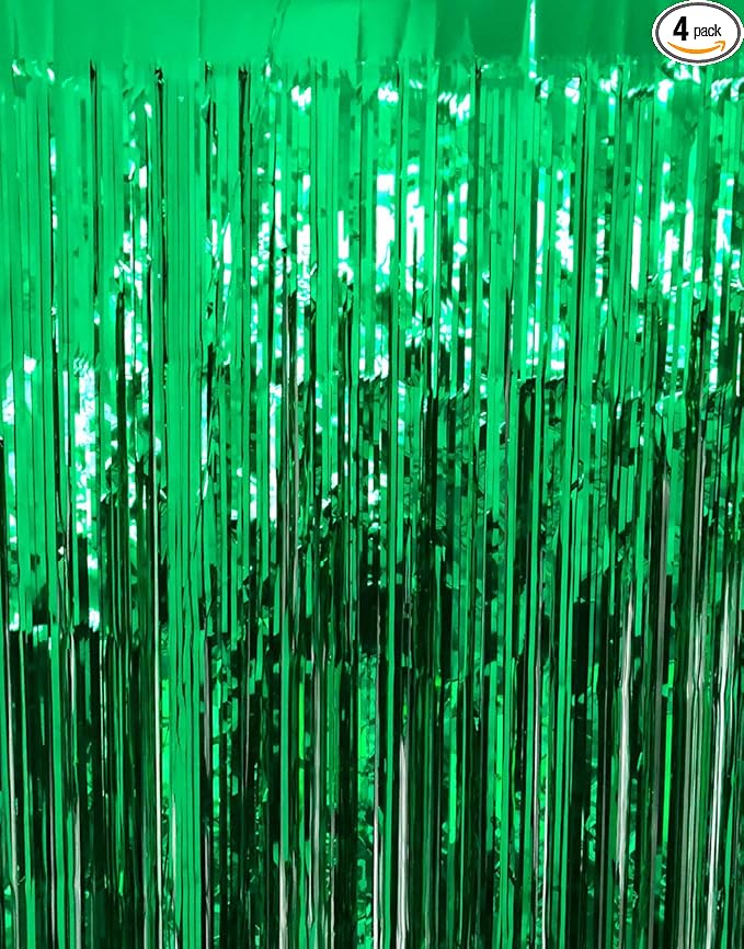 GOER 3.2 ft x 9.8 ft Metallic Tinsel Foil Fringe Curtains Party Photo Backdrop Party Streamers for St. Patrick's Day,Graduation,New Year Eve Decorations Christmas Wedding Decor (Green,4 Packs)