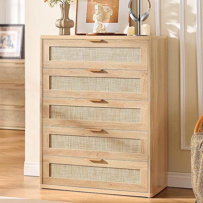 LEYAOYAO Rattan Dresser for Bedroom Set 2, 41" Tall Chest of Drawers, Modern 5 Drawers Boho Dressers with Storage, Light Oak Dresser Wooden Closet Organizer for Living Room, Hallway, Natural Wood