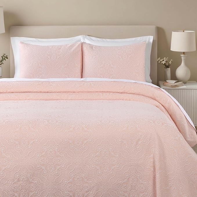Superior 3 Piece Bedspread Set, Home Bed Decor, Decorative Bed Spread, 2 Pillow Shams, Medium Weight Blanket, Floral Matelasse Coverlet, Bedding Essentials, Enzy Collection, King, Peach