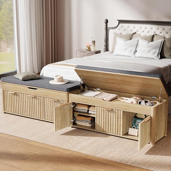 Shoe Bench with Storage - Lift Top Entryway Bench with Hidden Storage, Shoe Rack with Adjustable Shelves and Cushioned Seat, Wooden End of Bed Bench for Bedroom, Living Room and Hallway,Nature