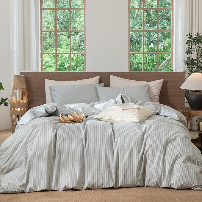 MooMee Striped Duvet Cover Set 100% Washed Cotton Linen Like Textured Breathable Durable Soft Comfy (Heathered Green Pinstripes, Palatial King/Oversized King 120"x98")
