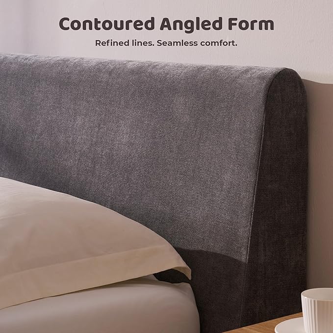 RECCI Cloud King Size Bed Frame with Ergonomic Angled Foam Cushioned Headboard, Minimalist Design Platform Bed Frame, No Box Spring Needed, Easy Assembly (Moon Grey)