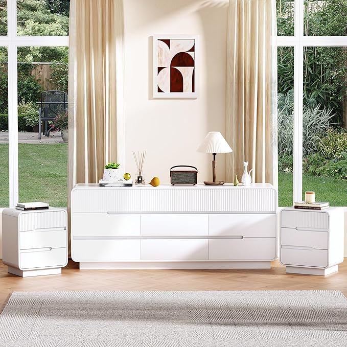 9 Drawer Dresser and 2 Nightstand Sets for Bedroom 3 Pcs Bedroom Set, Modern 57.9" Fluted Dresser with Invisible Handles Nightstand Charging Station, Bedroom Furniture Set for Living Room, White