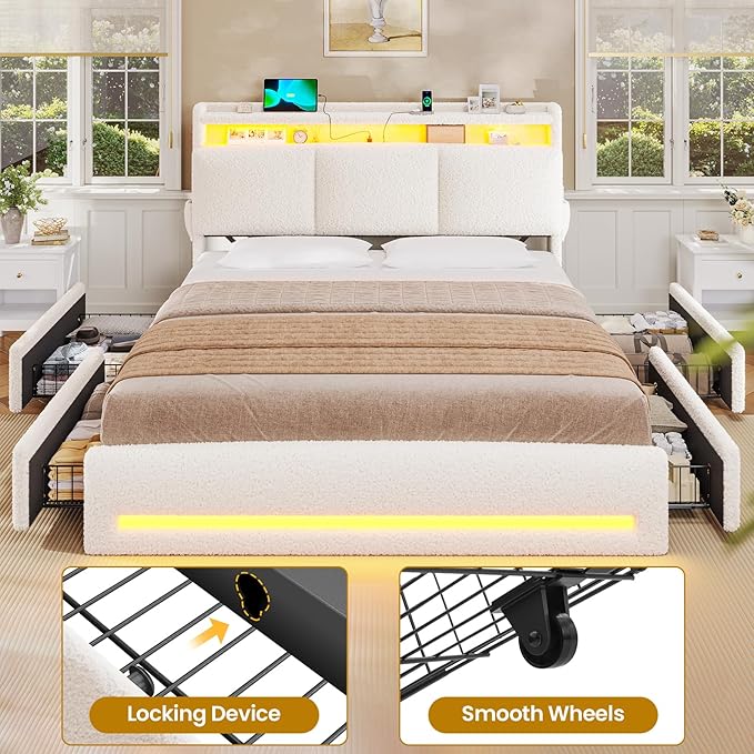 VIAGDO Queen Bed Frame with Storage Headboard and Charging Station, Boucle Upholstered Bed Frame Queen Size with 4 Drawers and LED Lights, Type C and USB, No Box Spring Needed, Cream White