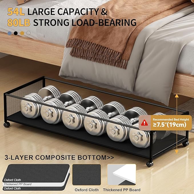 Under Bed Storage Containers With Wheels 54L Large Underbed Shoes Blankets Clothes Toy Storage Drawers For College Dorms Bedrooms Nursery Rooms Organization… (Black 2 Pack, XXL(36"x16.6"x7.28"))