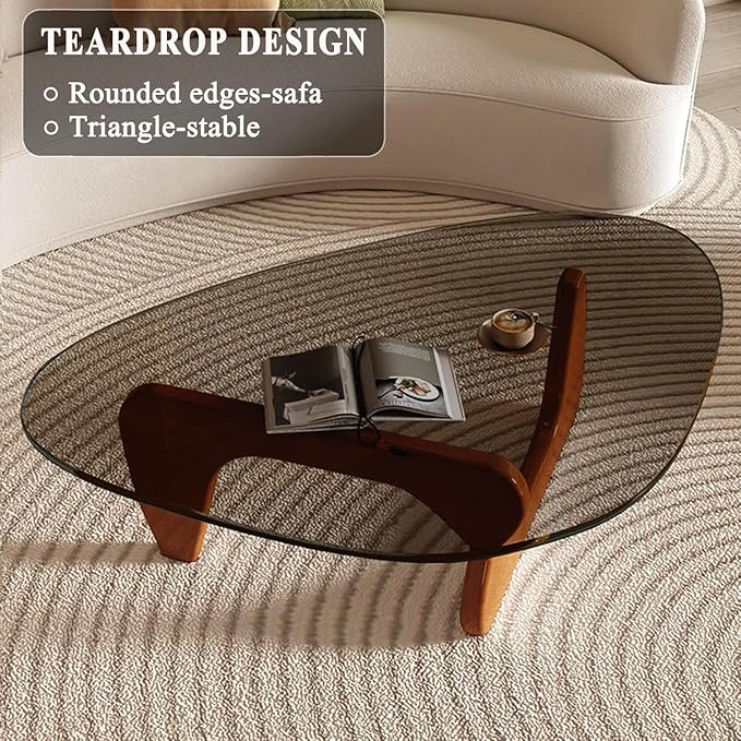 Mid Century Modern Glass Coffee Table, Coffee Table for Living Room, Brown Glass Coffee Tables,Suitable for Bedroom Living Room Reception Office Tables (Walnut/Grey, Medium 35.8 * 25.5 * 16in)