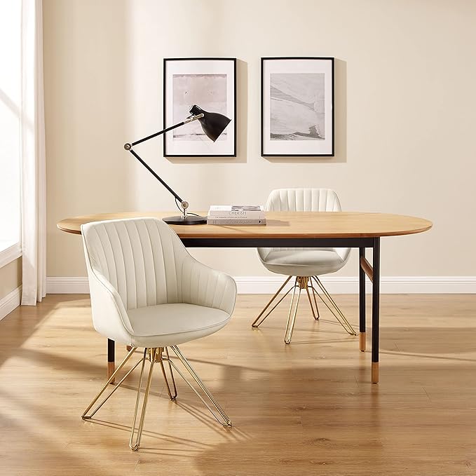 Zouron Mid Century Modern Swivel Accent Chair with Gold Metal Legs, Upholstered Desk Chair No Wheels, Side Office Arm Chair Vanity Chair for Small Space Home Office Living Room Bedroom, Beige
