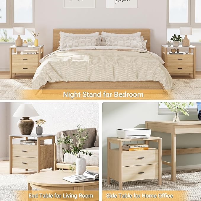 FavourLife Night Stand, 23" Wide Nightstand, Modern Large Nightstand with Charging Station, 2 Drawer Wooden End Table with Solid Round Post Legs & Open Shelf, Bedside Table for Bedroom, Natural Oak