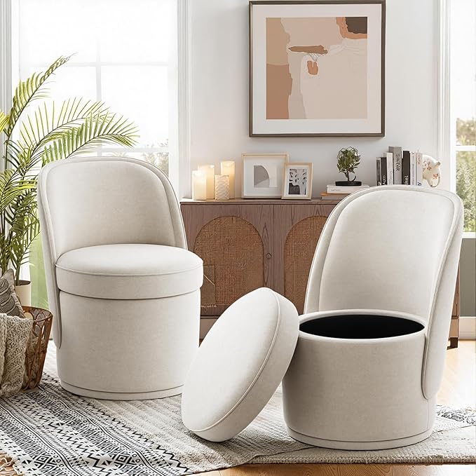 Swivel Accent Chair Set of 2, 360° Swivel Round Chair with Hidden Storage, Vanity Chairs, Modern Small Barrel Armchair for Living Room/Bedroom, Beige