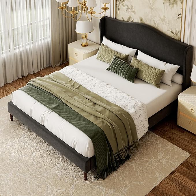 Full Size Upholstered Platform Bed Frame, 51" Tall Chenille Fabric Headboard with Classic Curved Wingback Design, Vintage Solid Wood Legs, No Box Spring Needed, Easy Assembly & Noise-Free, Black