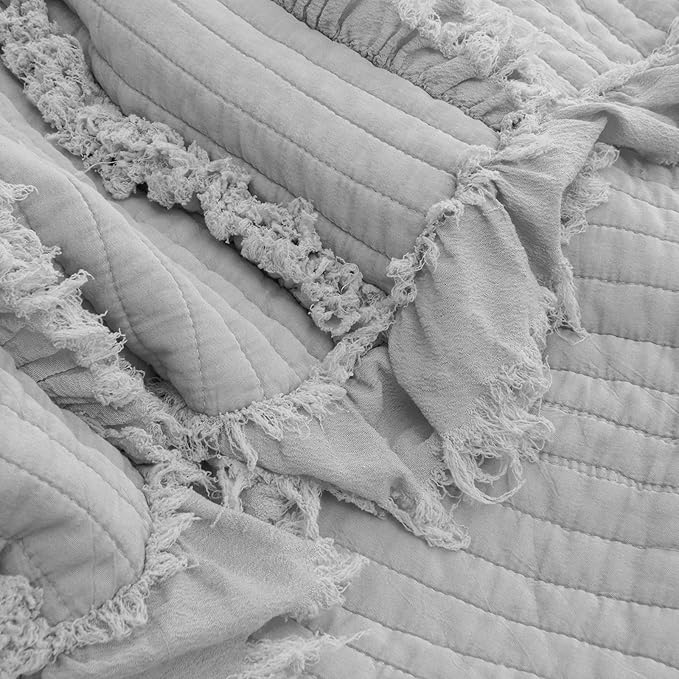 Ultra Soft Pre-Washed Quilted Boho Grey Twin Size Blankets for Bed, Ruffle Fringed Decorative Throw, Stone Washed Chic Rustic Blanket for Sofa Couch Bed, 60"*80"