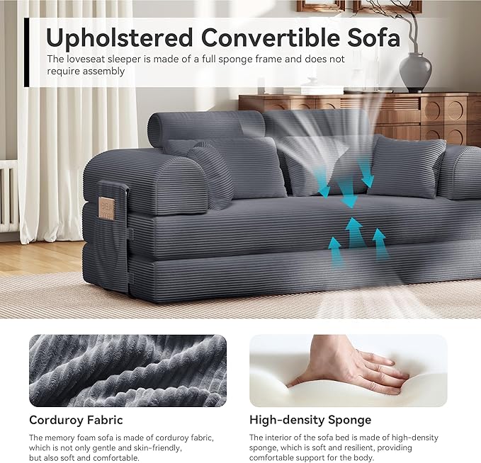 Upgrade High Backrest Design Sofa Bed with Fixed-Shape Frame & Removable Armrests and Backrest, Corduroy Fabric, Convertible Couch for Small Spaces - No Assembly Needed (High Backrest Dark Gray)
