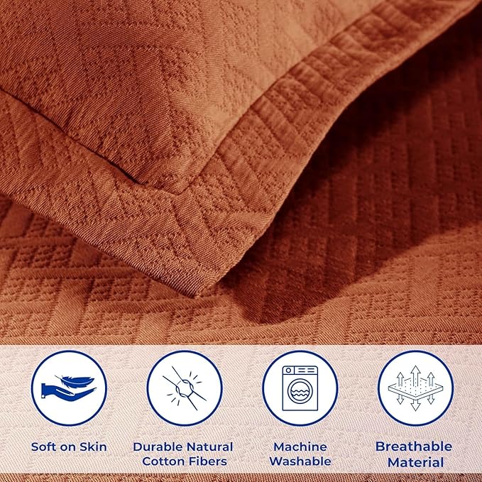 Superior 100% Cotton Basket Weave Bedspread with Shams, All-Season Premium Cotton Matelasse Jacquard Bedding, Quilted-Look Geometric Basket, Queen, Mandarin