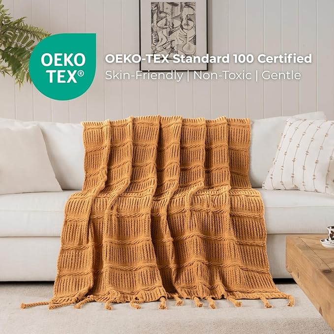Boho Knitted Chenille Blanket with Tassels - Lightweight & Soft All-Season Throw - 3D Classic Pattern for Living Room Bedroom Couch, Amber Brown, Twin 60"x80"