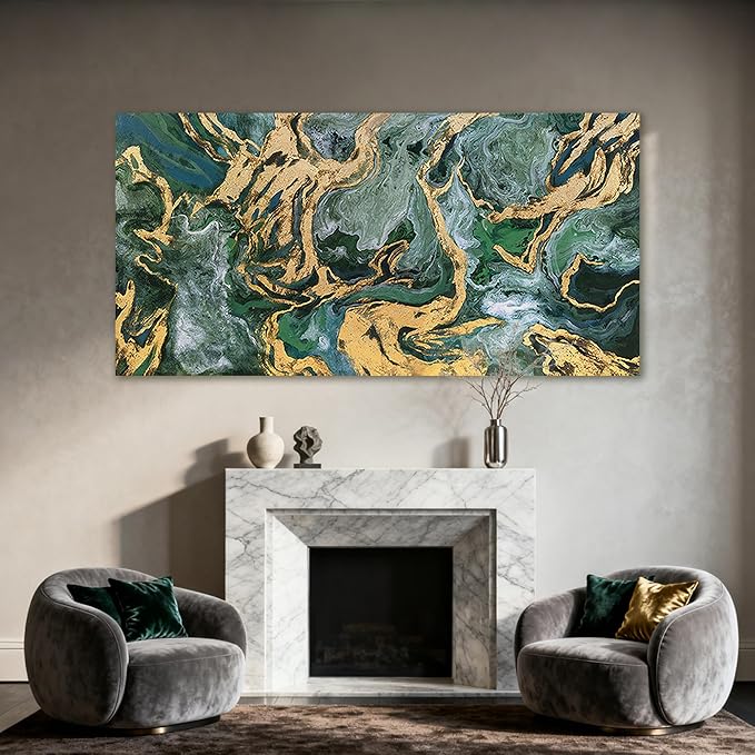 YETHEN WAL Emerald Green Canvas Wall Art, Gold Foil Marble Fluid Texture Art Prints, Large Modern Artwork for Living Room Bedroom Office 29x58 Inch