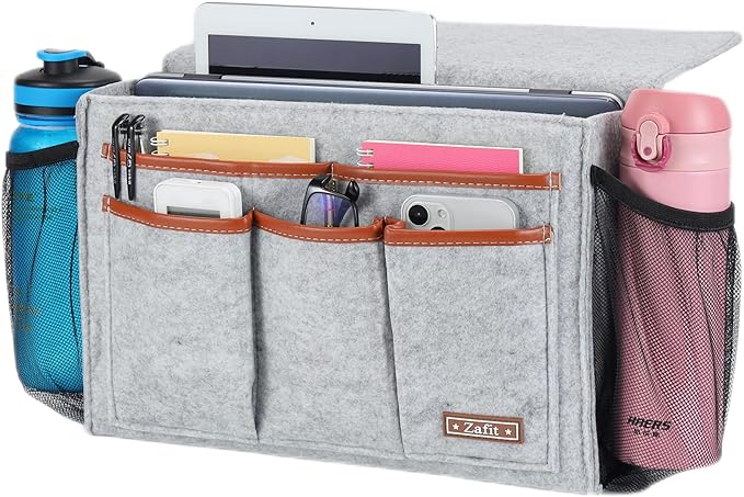 Bedside Caddy, Large Size Bedside Storage Organizer Bedside Organizer Caddy for Magazine Remotes Phone (13.4'' x 18.1'' Plus Size, Light Grey)
