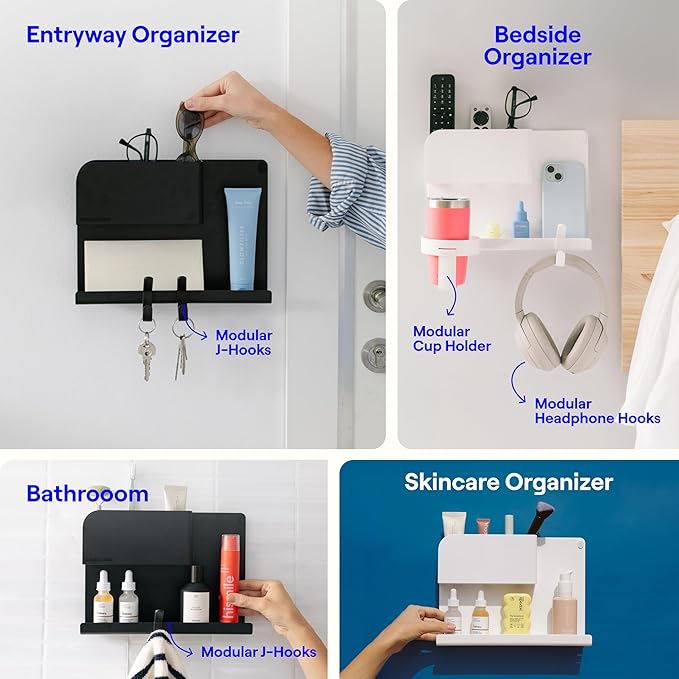 WallShelfie Bedside Wall Organizer & Dorm Decor - Dorm Room Essential, Floating Bedside Shelf Wall Mount Organizer, Remote Control Holder, Cool Teen Girls Trendy Stuff, Room Organization (White)