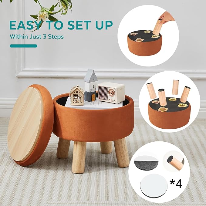 FIMIVIBI Small Foot Stool Ottoman with Storage, Velvet Ottoman Foot Rest for Couch, Round Footstool with Storage, Small Ottomans and Footstools for Living Room and Entryway (Orange)