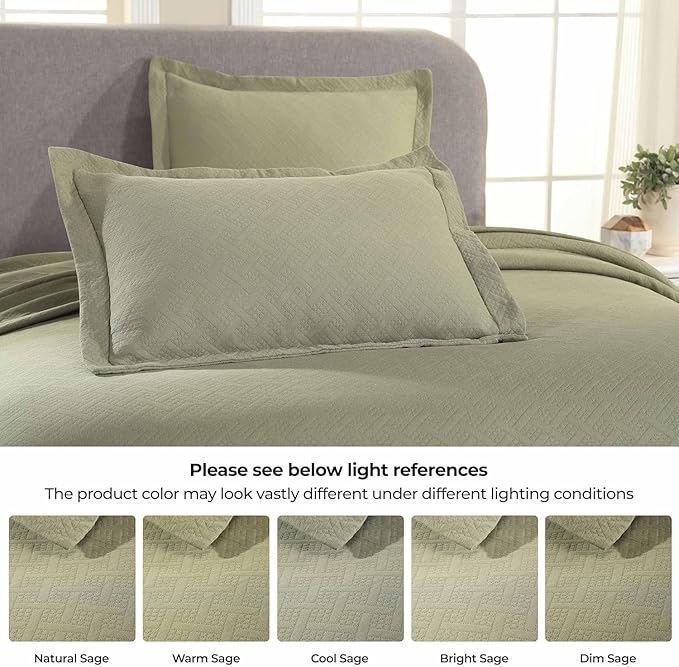 Superior 100% Cotton Basket Weave Bedspread with Shams, All-Season Premium Cotton Matelasse Jacquard Bedding, Quilted-Look Geometric Basket, King, Sage