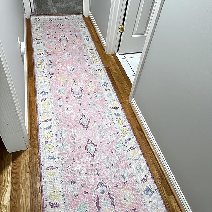 Fame Rugs Pink Modern Oushak Rug 2'6"x7', Washable Vintage Turkish Colorful Oriental Antique Inspired Foldable Small Runner Rugs, Luxury Living Room Bedroom (385PB, 2'6" x 7')