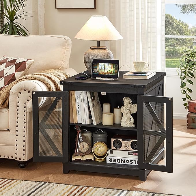 Farmhouse End Table Set 3, Narrow 18'' Night Stand with Glass Barn Door, 24" Square Side Table with Charger Station, Living Room Furniture Sets, Wood Nightstand Bedside Tables for Bedroom