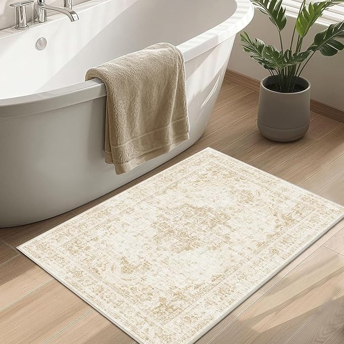 2x3 Vintage Washable Area Rugs for Entryway Soft Non-Slip Bath Mat Boho Medallion Distressed Retro Accent Carpet Floral Low Pile Indoor Throw Rug for Kitchen Laundry Living Room Bedroom, Beige