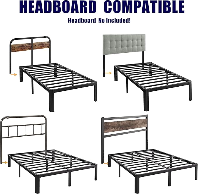 Hunlostten 14in High Heavy Duty California King Bed Frames No Box Spring Needed, Metal Platform Cal King Bed Frame with Round Corners, Easy Assembly, Noise Free, Black