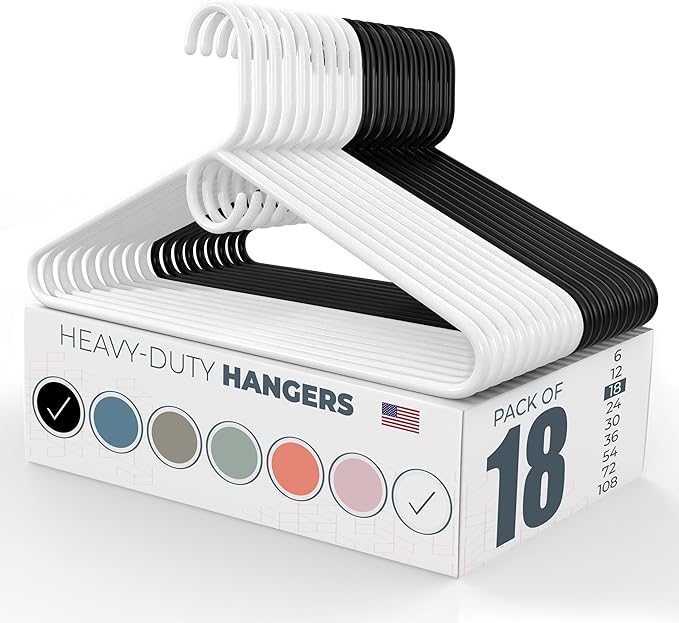 Neaties Heavy Duty Clothes Hangers 18 Pack – Made in The USA – 8lb Capacity Plastic Hangers for Adult Clothing – Durable for Pants, Coats, Jackets, or Jeans – White & Black