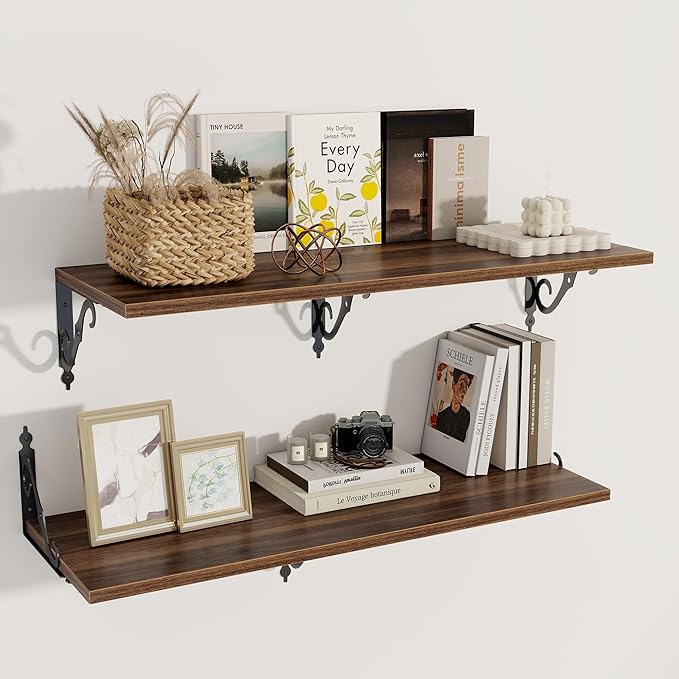 Dreamland Deep Floating Shelves, 36" W x 12" D Wall Shelves Set of 2, Wide Display Shelf Wall Mounted with Brackets, Bookshelf for Living Room, Bathroom, Bedroom, Walnut