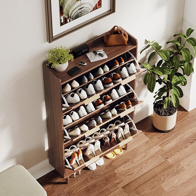 VINGLI Fluted Shoe Storage Cabinet for Entryway with 3 Flip Drawers, Narrow Shoe Organizer with Fluted Panel, Freestanding Wood Hidden Shoe Cabinet for Foyer, Hallway (Dark Walnut, 3 Flip Drawers)