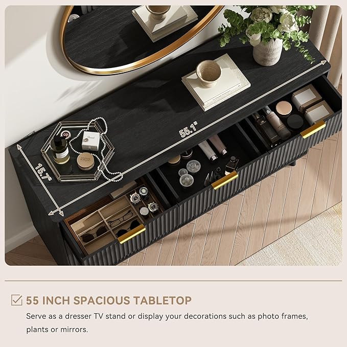 CARPETNAL Fluted 9 Drawer Dresser for Bedroom, 55" Wide Wooden Chest of Drawers with Rounded Corners, Gold Handles, Modern Storage Organizer for Bedroom, Hallway(Black)