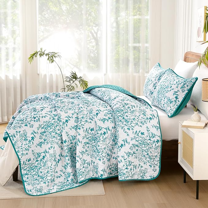 WONGS BEDDING Quilt Queen Size, Teal Quilt Bedding Set with 2 Pillowcases, Botanical Quilt for Queen Bed, Soft Microfiber Lightweight Coverlet Bedspread for All Season (96"×90", 3 Pieces)
