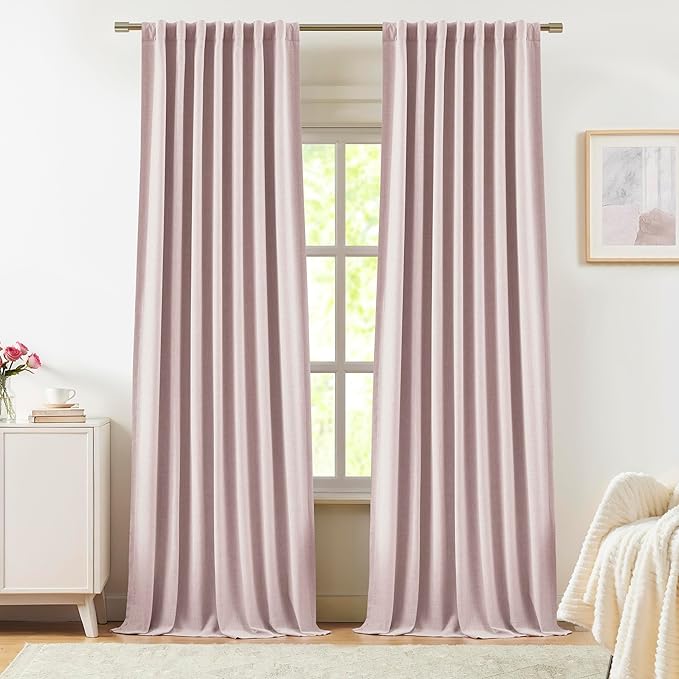 Vision Home Pink Linen Full Blackout Curtains 84 inch Length for Bedroom Living Room Darkening Soundproof Window Panels Thermal Insulated Rod Pocket Back Tab Farmhouse Drapes 56" Wx84 Lx2