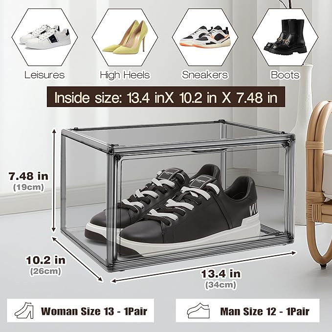 1 Pack Shoe Organizers Storage Boxes for Closet Size 12.5 Shoe Box Clear Stackable Storage Bins with Lids, Under Bed Shoe Containers for Entryway, Grey