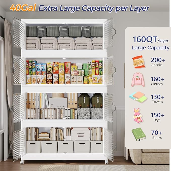800QT Plastic Stackable Storage Bins with Lid, 200GAL Extra Large Collapsible Box with Wheels Clear Door, Foldable Closet Organizer Container Cabinet Drawer for Home Kitchen，5Pack, White