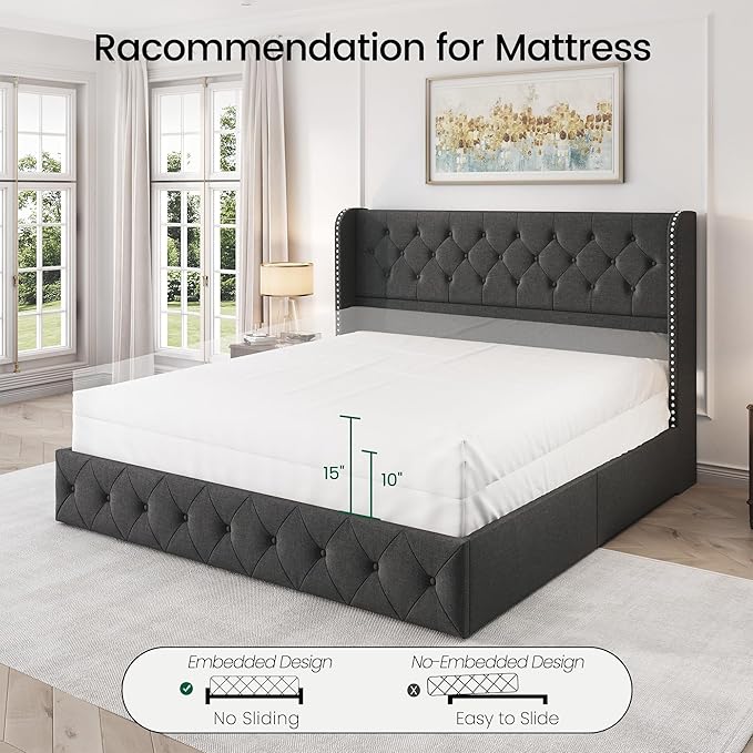 LARMACE King Size Platform Bed Frame with 4 Storage Drawers and Tufted Headboard Linen Upholstered Bed Wingback Bed Frame with Wooden Slats Support, Easy Assembly, Dark Grey