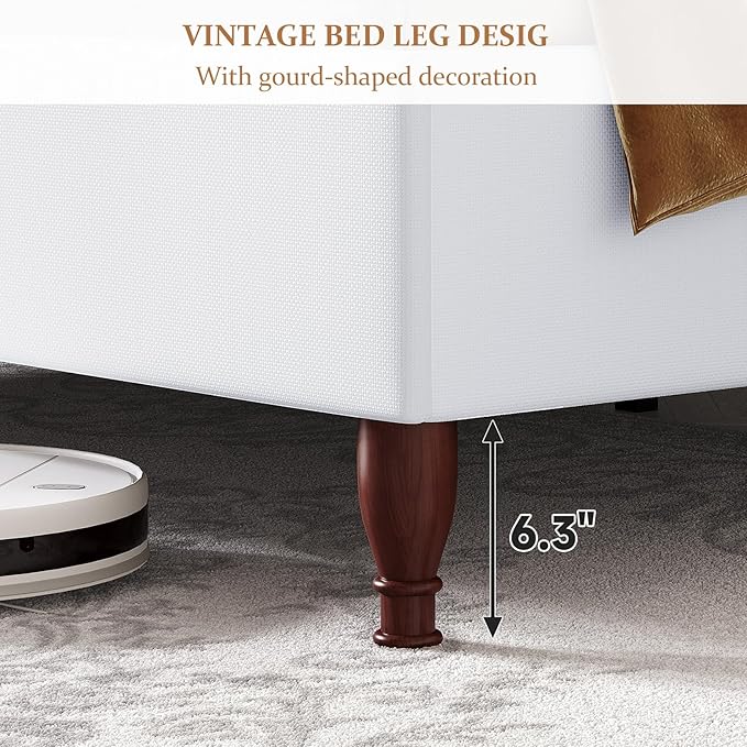 koorlian Full Size Bed Frame with 51" Tall Headboard, Fully Upholstered Platform Bed Frame with with Soft Fabric, Sleigh Wingback, Solid Wood Retro Legs, Modern Minimalist Style, Easy Assembly, White